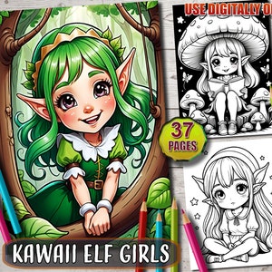 Kawaii Coloring Pages: Adorable Kawaii Elf Girls Coloring Book - Cute and Fun Digital Download for Kids and Adults
