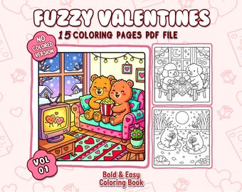 Valentine Coloring Pages for Kids & Adults | Fuzzy Valentines Coloring Book – Cute Cozy Animal Valentine Scenes, Bold and Easy Printable PDF
