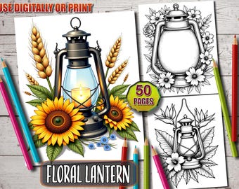 Floral Lantern Coloring Book: 50 Printable Grayscale Pages (PDF Download)