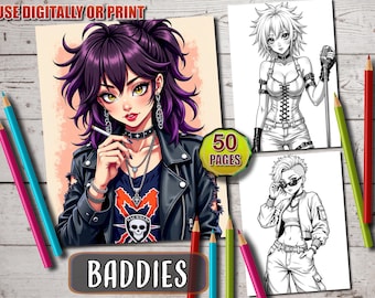 Anime Baddie Girls Coloring Book: Grayscale Manga Art (Printable PDF)