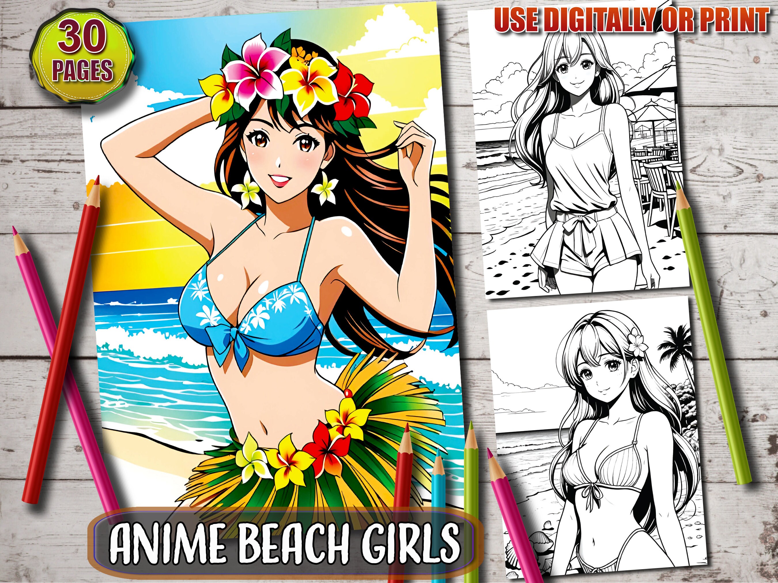 Anime Beach Girls Coloring Book: 30 Fun Coloring Pages (Printable PDF)