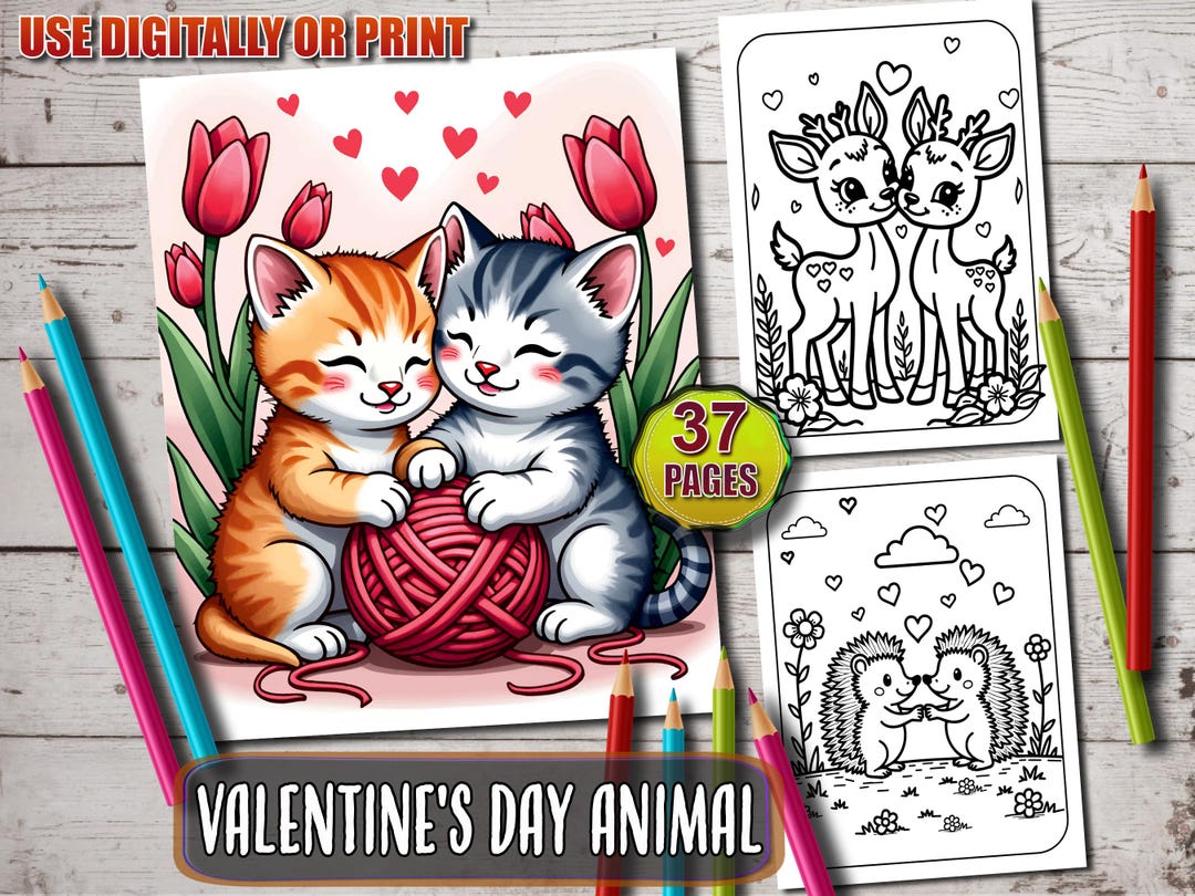 Valentine's Day Animal Coloring Pages, Cute Cartoon Designs for Kids ...