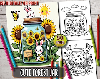 Kolorowanka „Słoik w lesie” Kawaii: 50 uroczych stron (do druku w formacie PDF)