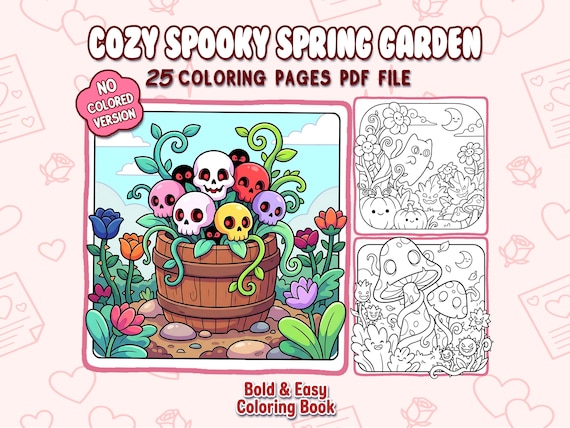Bold & Easy Coloring Book – Cute Spooky Garden Pages | Creepy Spring Plants for Kids and Adults | Printable PDF