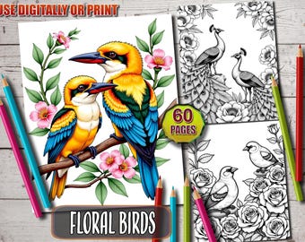May include: A colouring book with the text "Floral Birds" and "60 Pages". The cover shows two colourful birds on a branch with pink flowers. The book includes black and white illustrations of birds and flowers, with coloured pencils.