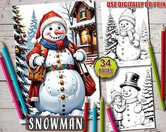 Könnte beinhalten: Ein fröhlicher Schneemann mit roter Mütze und Schal steht vor einem Haus mit einem Weihnachtsbaum. Der Schneemann hält eine braune Tasche und hat einen bunten Gürtel. Das Bild ist Teil eines 34-seitigen Malbuches.