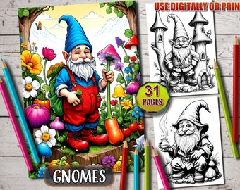 Gnome Whimsy Coloring Book: 31 Grayscale Pages (Printable PDF)