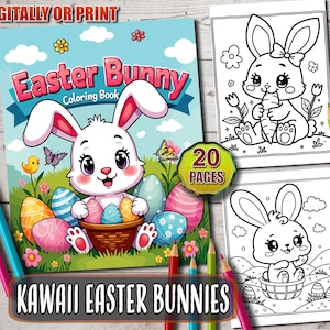 Op de afbeelding: Een kleurboek met een schattig Pasen konijn dat een mandje met kleurrijke eieren vasthoudt. De omslag van het boek heeft de titel "Easter Bunny Coloring Book" en de tekst "20 Pagina's" en "Kawaii Easter Bunnies".