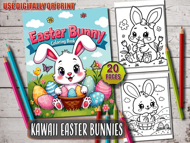 May include: A coloring book featuring a kawaii Easter bunny holding a basket of colorful eggs. The book cover has the title "Easter Bunny Coloring Book" and the text "20 Pages" and "Kawaii Easter Bunnies".