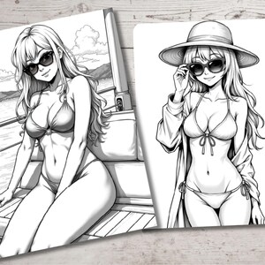 May include: Two black and white illustrations of women wearing bikinis and sunglasses. One woman is sitting on a deck chair and the other is standing with a hat on.