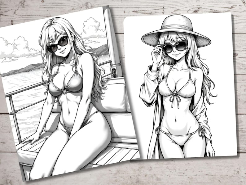 May include: Two black and white illustrations of women wearing bikinis and sunglasses. One woman is sitting on a deck chair and the other is standing with a hat on.