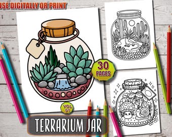 Niedliches Terrarienglas-Malbuch, bezaubernde Miniaturwelten, entspannende Szenen für Erwachsene und Kinder, mutige und einfache Designs, druckbares PDF