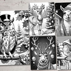 May include: A set of five black and white illustrations featuring a variety of animals in a winter holiday setting. The illustrations include an owl, a deer, a llama, a reindeer, and a robin.