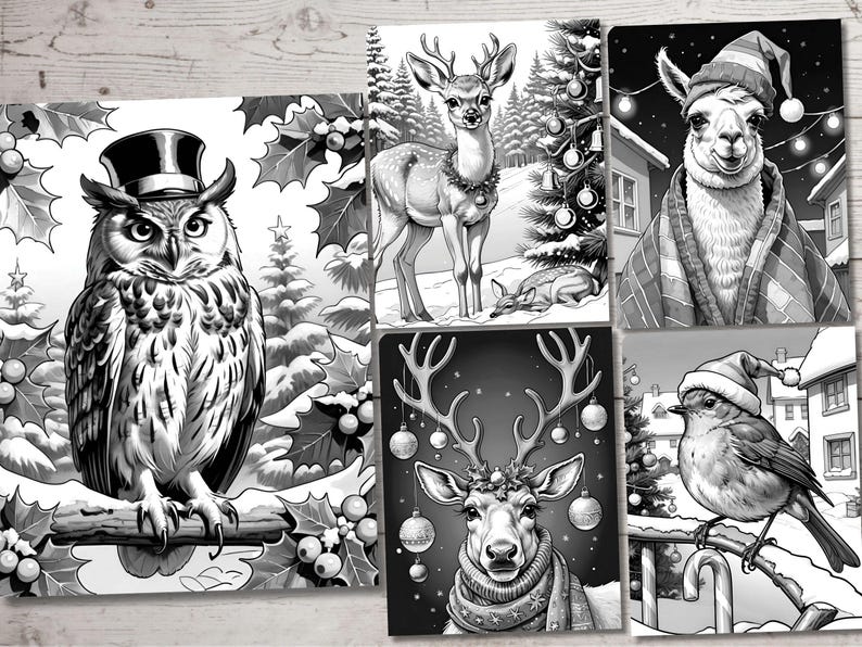 May include: A set of five black and white illustrations featuring a variety of animals in a winter holiday setting. The illustrations include an owl, a deer, a llama, a reindeer, and a robin.