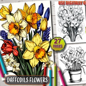 Daffodil Flowers Coloring Book: 27 Printable Grayscale Pages (PDF)