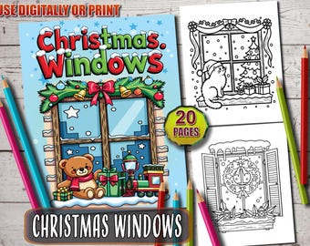 Christmas Window Coloring Pages | Easy Winter Scene Coloring | Simple Xmas Decorations for Kids & Adults | Printable Holiday Coloring Book