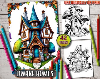 Enchanting Dwarf Homes Coloring Book, Fantasy House Coloring Pages, Instant Download -Grayscale Coloring Book