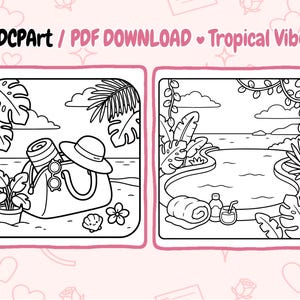 May include: Two black and white line art illustrations of tropical scenes. One shows a beach bag with a hat, sunglasses, and a rolled-up towel. The other depicts a pool scene with a towel, drink, and tropical plants. Text reads "ADCPart / PDF DOWNLOAD Tropical Vibes."