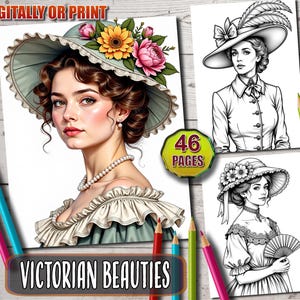 Victorian Beauty Coloring Pages, Elegant Victorian Women | Fantasy Grayscale Victorian Lady Coloring Book for Adults  | Instant Download PDF