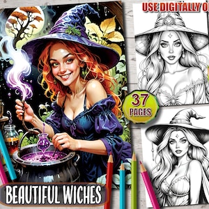 Halloween Witch Grayscale Coloring Book: 37 Fantasy Pages (PDF Download)