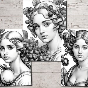 Peut inclure: Trois illustrations en noir et blanc de femmes avec des fleurs et des fruits dans les cheveux. Chaque femme a une coiffure diff&eacute;rente et porte une robe simple.