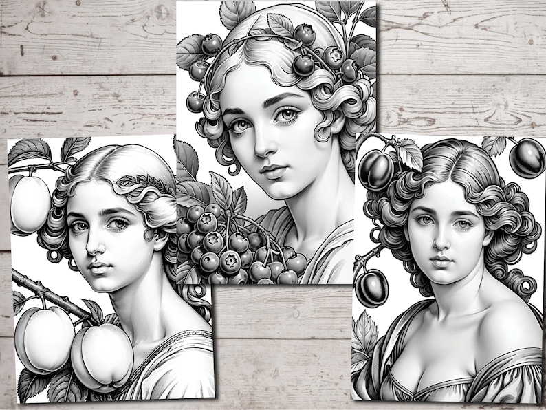 Peut inclure: Trois illustrations en noir et blanc de femmes avec des fleurs et des fruits dans les cheveux. Chaque femme a une coiffure diff&eacute;rente et porte une robe simple.