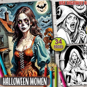 Creepy Halloween Women Coloring Book: 34 Grayscale Pages (Printable PDF)