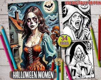 May include: A coloring book with 34 pages featuring illustrations of women in Halloween costumes. The cover features a woman with pale skin and dark hair wearing a red and blue dress. The text "HALLOWEEN WOMEN" is printed on the cover.
