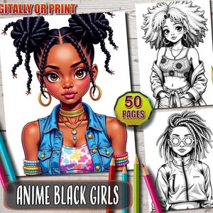 Livre de coloriage de filles noires d'anime, manga et fille noire d'anime, pages à colorier d'anime fantastique pour adultes et enfants, téléchargement immédiat, PDF imprimable