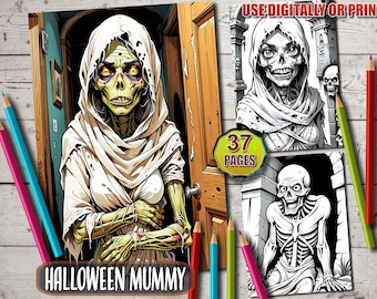 Przerażające kolorowanki z mumią: Kolorowanki w odcieniach szarości z okazji Halloween (do pobrania natychmiast)