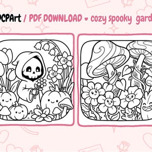 May include: Black and white line art of two square illustrations. The left illustration features a Grim Reaper character holding flowers, surrounded by pumpkins, mushrooms, and flowers. The right illustration shows mushrooms, flowers, and other whimsical characters. Text at the top reads "ADCPART / PDF DOWNLOAD cozy spooky garden".