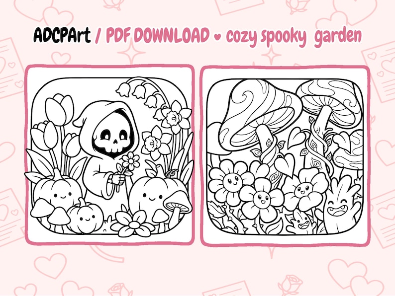 May include: Black and white line art of two square illustrations. The left illustration features a Grim Reaper character holding flowers, surrounded by pumpkins, mushrooms, and flowers. The right illustration shows mushrooms, flowers, and other whimsical characters. Text at the top reads "ADCPART / PDF DOWNLOAD cozy spooky garden".