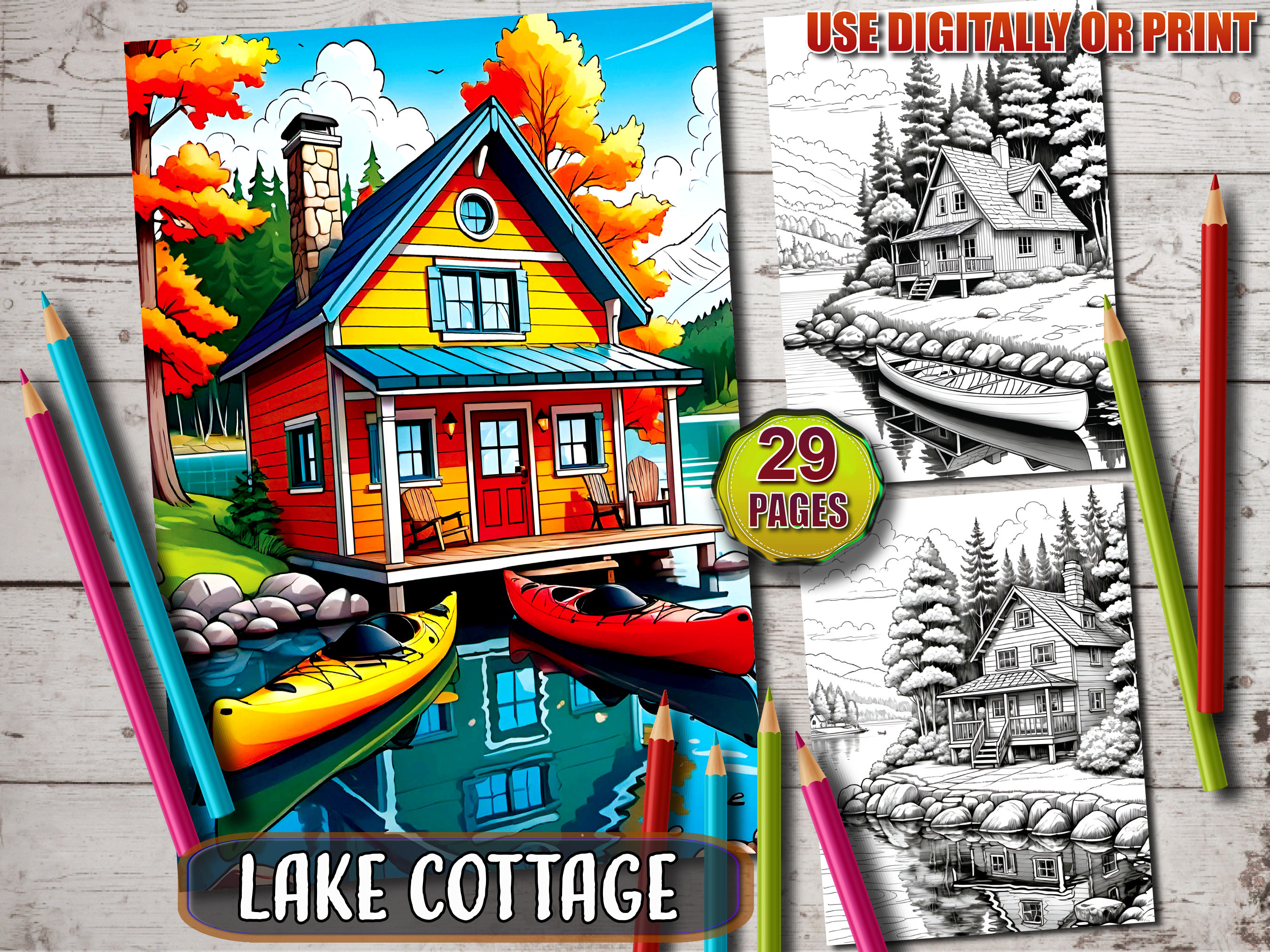 Lake Cottage Coloring Book: Nature's Retreat Grayscale Pages (PDF Pattern)