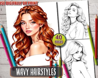 Libro para colorear de peinados ondulados: Retratos de mujeres en escala de grises (PDF imprimible)