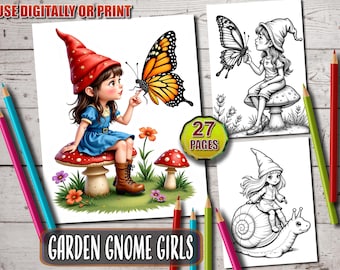 Garden Gnome Girls Coloring Book: Grayscale Fantasy Art (PDF Pattern)