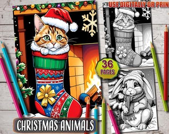 Christmas Animals Coloring Book: 36 Grayscale Pages (Digital Download)