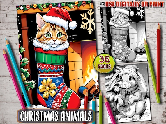 Christmas Animals Coloring Book: 36 Grayscale Pages (Digital Download)