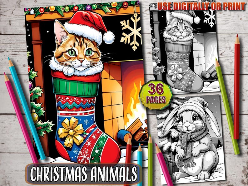 May include: A coloring book featuring a cat and a rabbit wearing Santa hats and sitting in Christmas stockings. The book cover has the text "Christmas Animals" and "36 Pages".