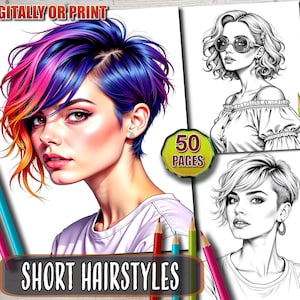 Elegant Short Hairstyles Coloring Book: Grayscale Portraits (Printable PDF Download)