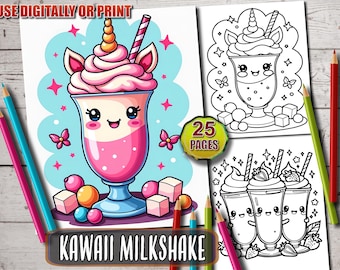 Kawaii Milkshake Coloring Book, Cute Dessert Drinks Coloring Pages, Bold and Easy Printable Pages for Kids & Adults, Instant Download