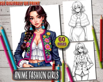 Anime Fashion Girls Coloring Book: 60 Floral Pages (Printable PDF)