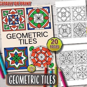 幾何学模様のタイル塗り絵、パターンタイル塗り絵ページ、抽象的なパターン、大人と子供向けの大胆なアウトライン – インスタント PDF ダウンロード