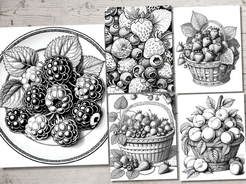 Peut inclure: Illustrations en noir et blanc de diff&eacute;rents fruits dans des paniers. Les illustrations comprennent des m&ucirc;res, des myrtilles, des fraises et des p&ecirc;ches.