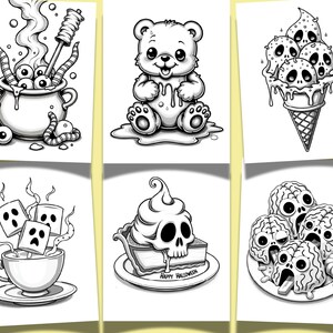 May include: Black and white illustrations of Halloween-themed treats and objects. Images include a cauldron with eyeballs, a teddy bear with dripping goo, ice cream cones with skull faces, a cup of marshmallows with ghost faces, a pie with a skull, and a plate of brains.