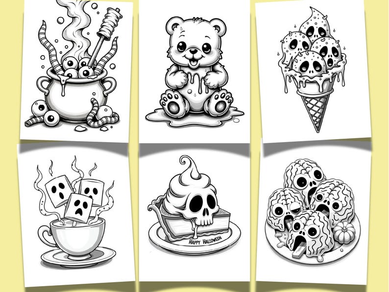 May include: Black and white illustrations of Halloween-themed treats and objects. Images include a cauldron with eyeballs, a teddy bear with dripping goo, ice cream cones with skull faces, a cup of marshmallows with ghost faces, a pie with a skull, and a plate of brains.