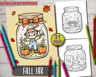 Coloriages d'automne mignons en pot | Livre de coloriage confortable de scènes d'automne kawaii | Livre de coloriage à imprimer pour enfants avec citrouilles, feuilles et scènes douillettes