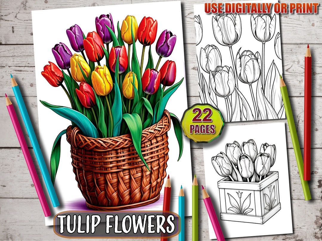 Tulip Flowers Coloring Book: 22 Botanical Grayscale Pages (printable ...
