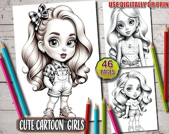 Cute cartoon Girls Coloring Pages, Adorable Chibi Girls Coloring Book, 46 Delightful Character Concepts, Grayscale Sheets, Printable PDF