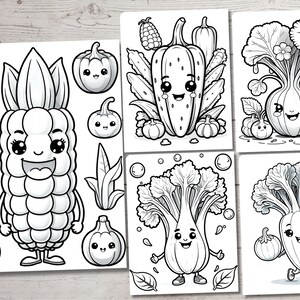 May include: Black and white line art illustrations of various vegetables with cute cartoon faces. The vegetables include corn, pumpkin, turnip, beet, and bok choy.