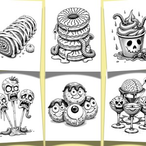 May include: Black and white illustrations of spooky treats, including a mummy roll, stacked donuts, a skull-shaped ice cream, zombie pops, eyeball candies, and brain parfaits. Perfect for Halloween-themed coloring pages or decorations.